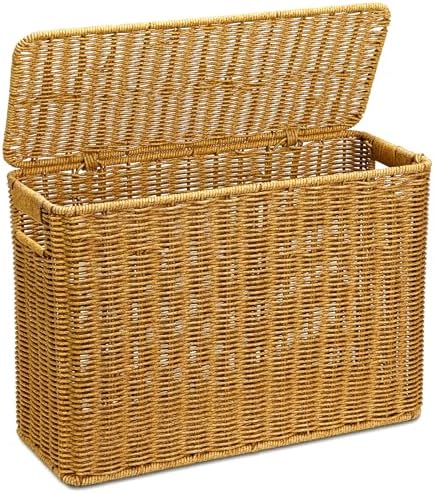 Pumtus Woven Storage Basket with Lid, 3 Gallon Decorative Plastic Organizer Box with Handle, Rectangle Narrow Tall Trash Can Toilet Paper Holder, Household Container Bin for Wardrobe, Magazines, Toys by Pumtus