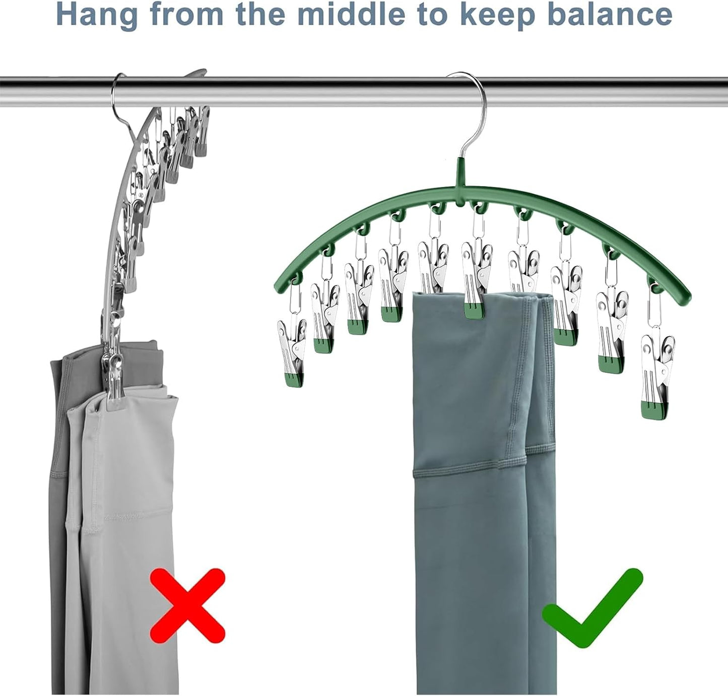 Legging Organizer for Closet, Metal Yoga Pants Hangers 2 Pack w/10 Clips Holds 20 Leggings, Space Saving Hanging Closet Organizer w/Rubber Coated Closet Organizers and Storage, Green