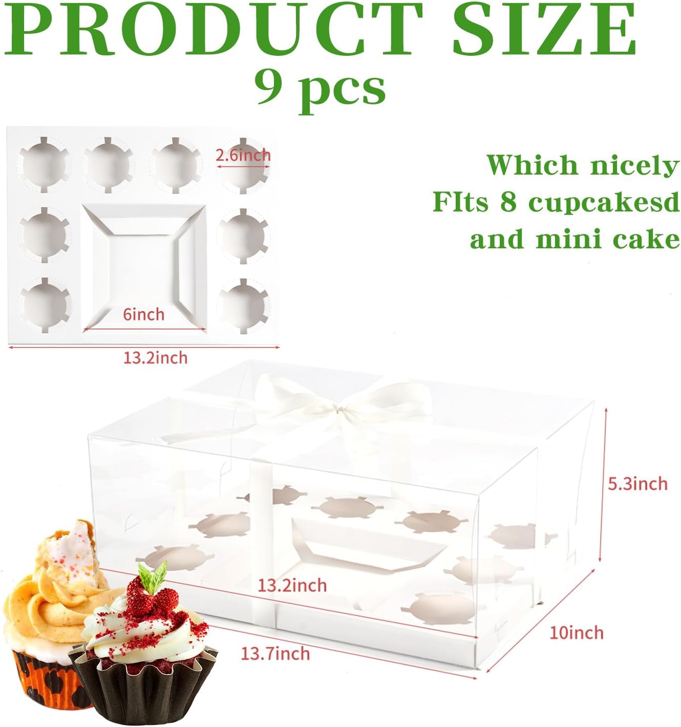 JCD 9 Pcs Cake and Cupcake Combo Bento Boxes with Clear Lid for mini cake and 8 Cupcakes -Cakes Cupcakes Combo Box with Clear Window Baking Supplies (1+8/9Pcs)