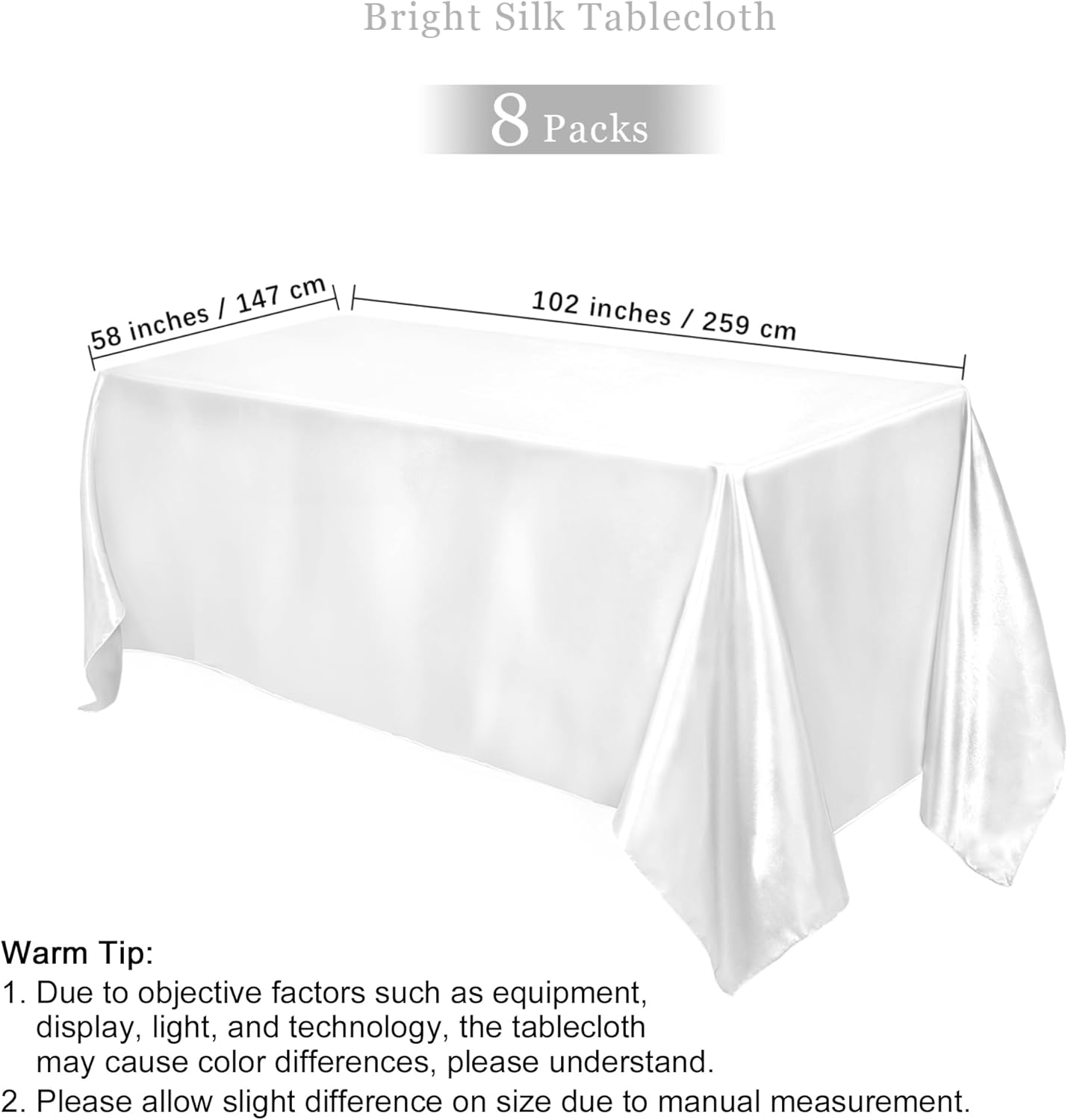 TURSTIN 8 Packs White Satin Tablecloth 102 x 58 Inch Overlay Satin Table Cover Rectangle Bright Silk Tablecloth Smooth Fabric Table Decoration for Wedding Banquet Party Events