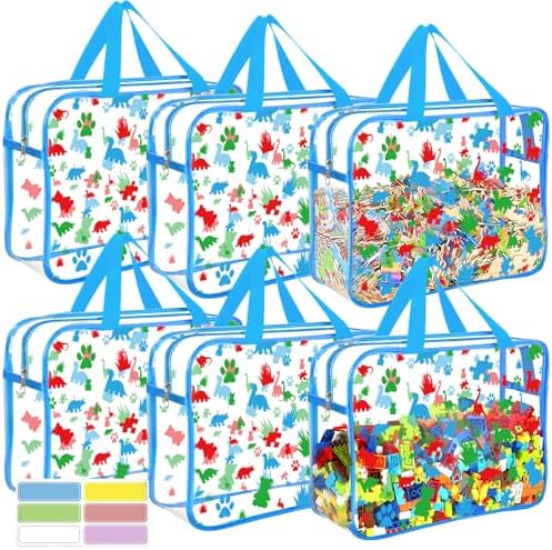 6 Packs Large Toy Storage Bags with Labels, Reusable Clear PVC Storage Bag, Travel Waterproof Organizer Bags (Blue-cute pattern) by OPELETNNT