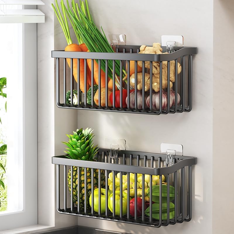 2-Pack Wall Mount Wire Fruit Basket for Kitchen Onion Potato Storage, Black - Image 2