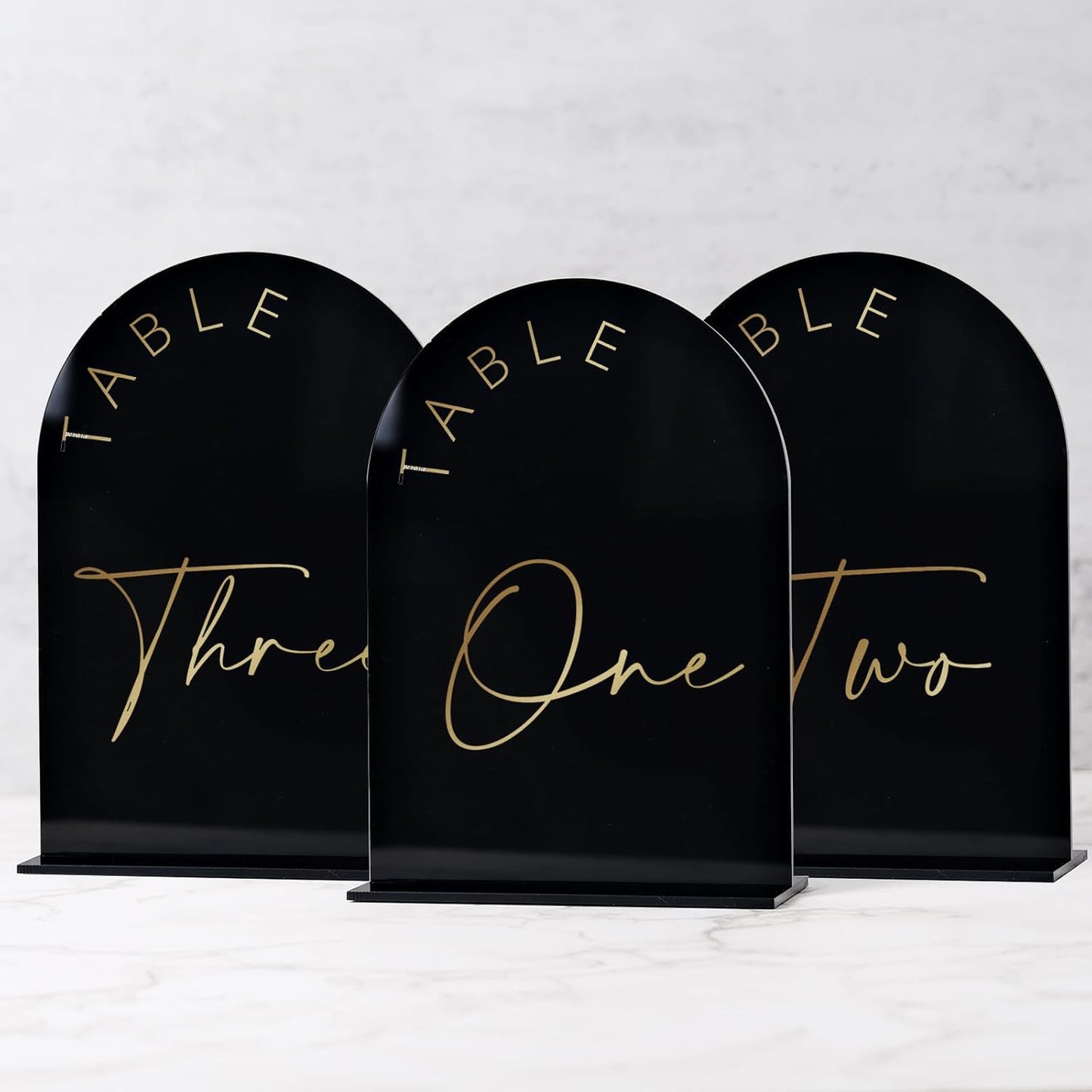 Black Arch Wedding Table Numbers 1-30 with Stands, 5x7 Inch Arch Acrylic Sign Black and Gold Lettering, Arch Acrylic Table Numbers for Wedding Reception