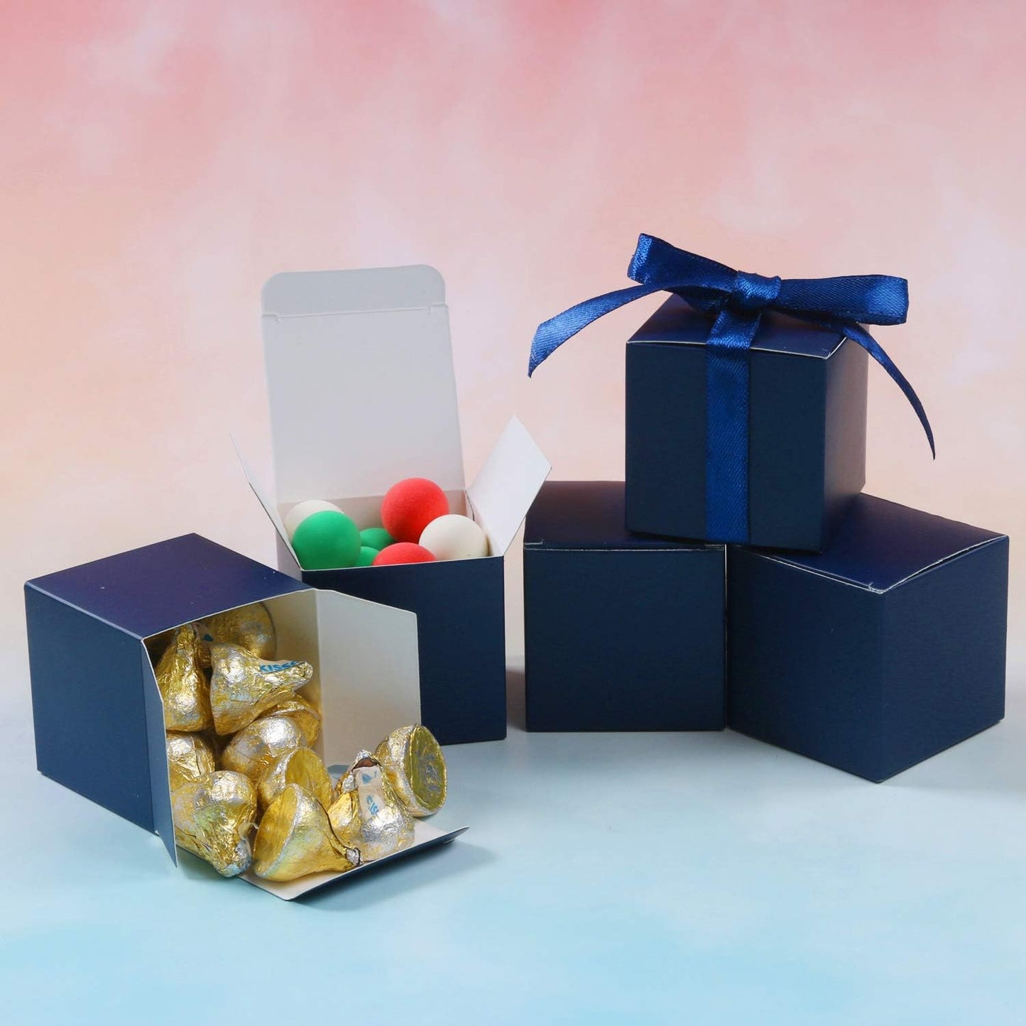 COTOPHER 60pcs Wedding Favor Boxes, Paper Gift Boxes 3x3x3 Inches Small Gift Boxes with Ribbons Small Boxes for Gifts, Crafting, Cupcake, Candy, Bridesmaid Proposal Boxes，Easy Assemble Boxes (Navy)