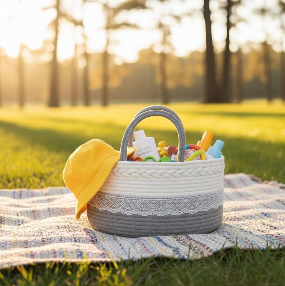 Baby Diaper Caddy Organizer,Woven Rope Nursery Storage Bin,Newborn Gift Basket,Extra-Large Cotton Basket with Removable Compartments,Portable (Grey, Extra Large) - Image 3
