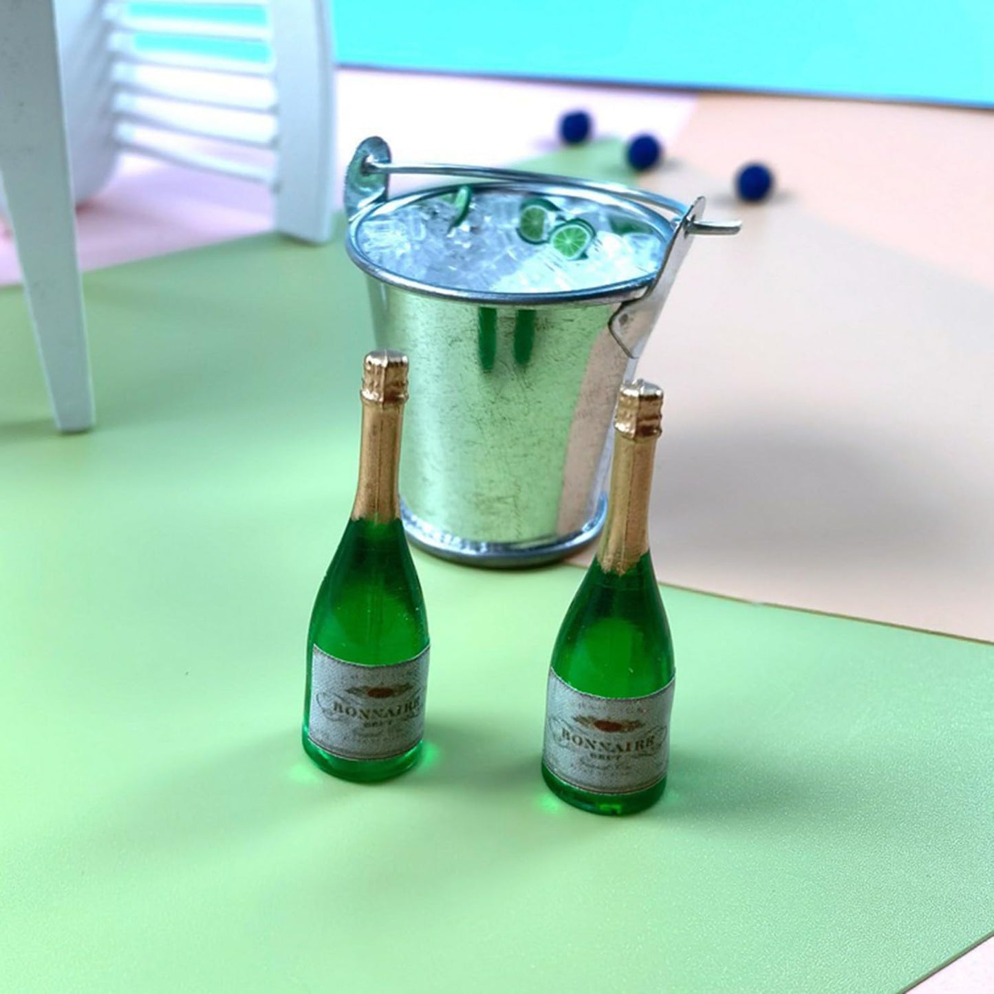 Miniature Champagne Bottle with 2 Glasses, 1:12 Dollhouse Champagne Bottle, Tiny Champagne Bottle Glasses, for Dollhouse, Fairy Garden, Miniature Bar (2 Champagne Bottle and 1 Bucket with Ice)