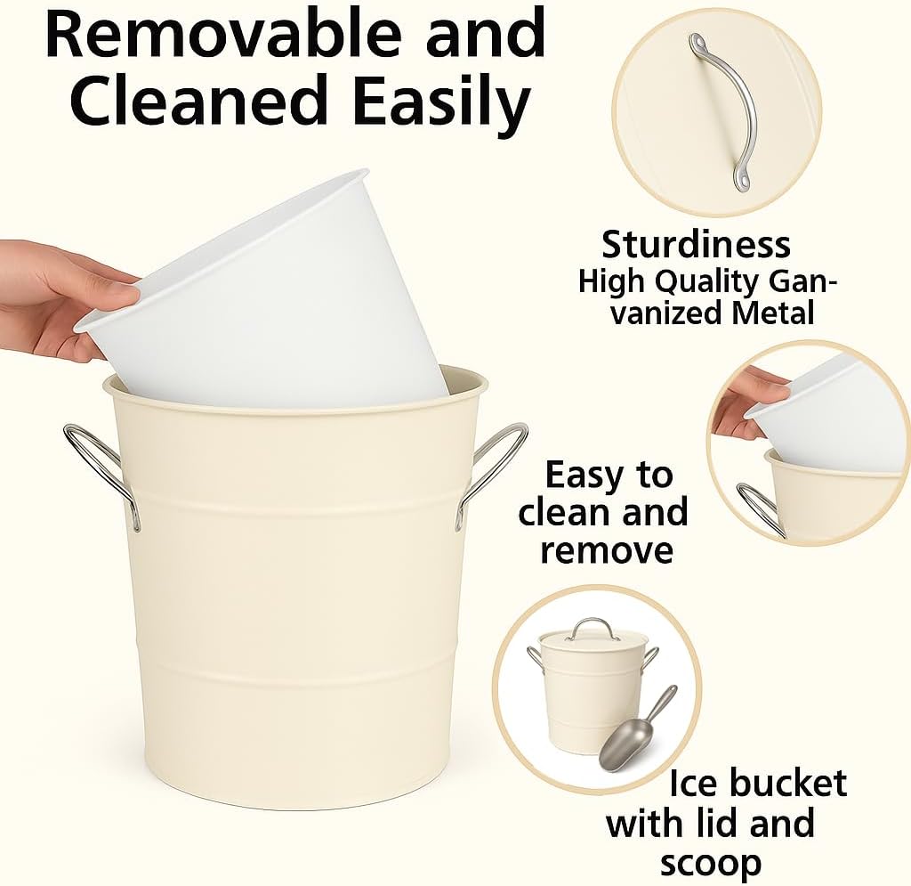 Insulated Ice Bucket with Lid Scoop Handle for Parties Cocktail Bar, 4L Round Mental Champagne Drink Wine Bucket for Drinks White