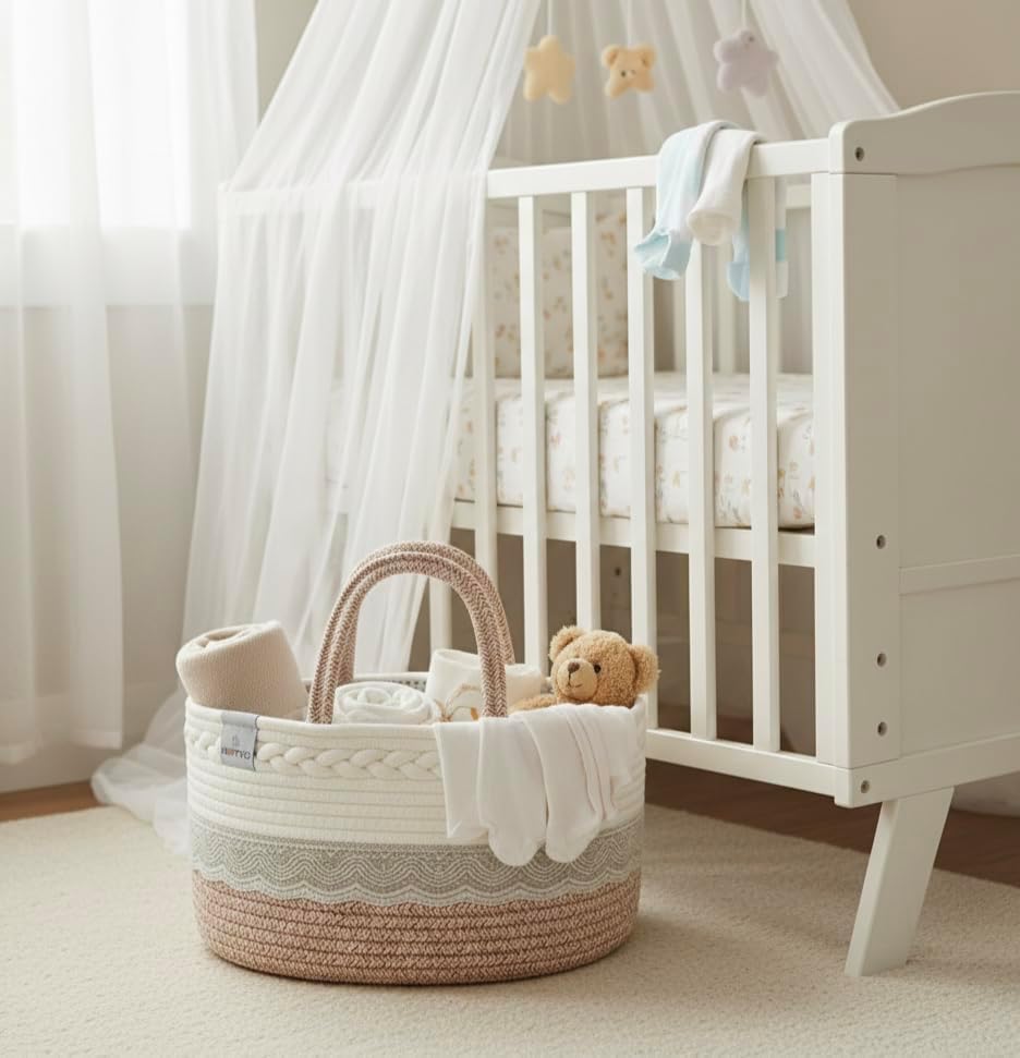 Baby Diaper Caddy Organizer,Woven Rope Nursery Storage Bin,Newborn Gift Basket,Extra-Large Cotton Basket with Removable Compartments,Portable (Mixed Brown, Extra Large) - Image 5