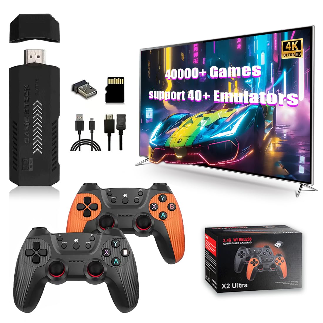 X2 Ultra Retro Game Stick 4K 64/128/256G 35000/40000/58000 Games, 2.4G Controllers HD Output Plug and Play Video Gaming Console, Nostalgia Stick for TV (128G)