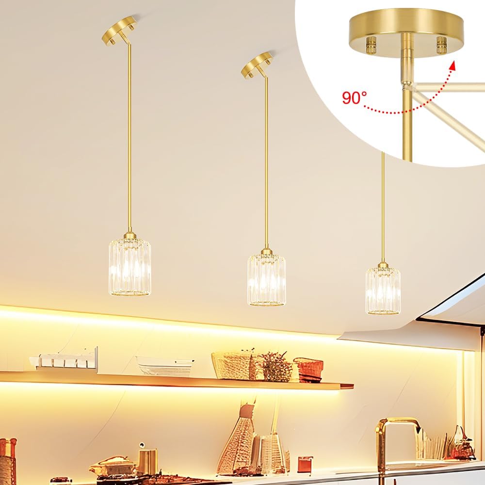 Gold Kitchen Pendant Lights Over Island with Adjustable Rods - Crystal Pendant Lighting Fixtures 3 Pack, Ideal Over Dining Table or Bar, E26 Bulb Compatible, No Electrician Needed