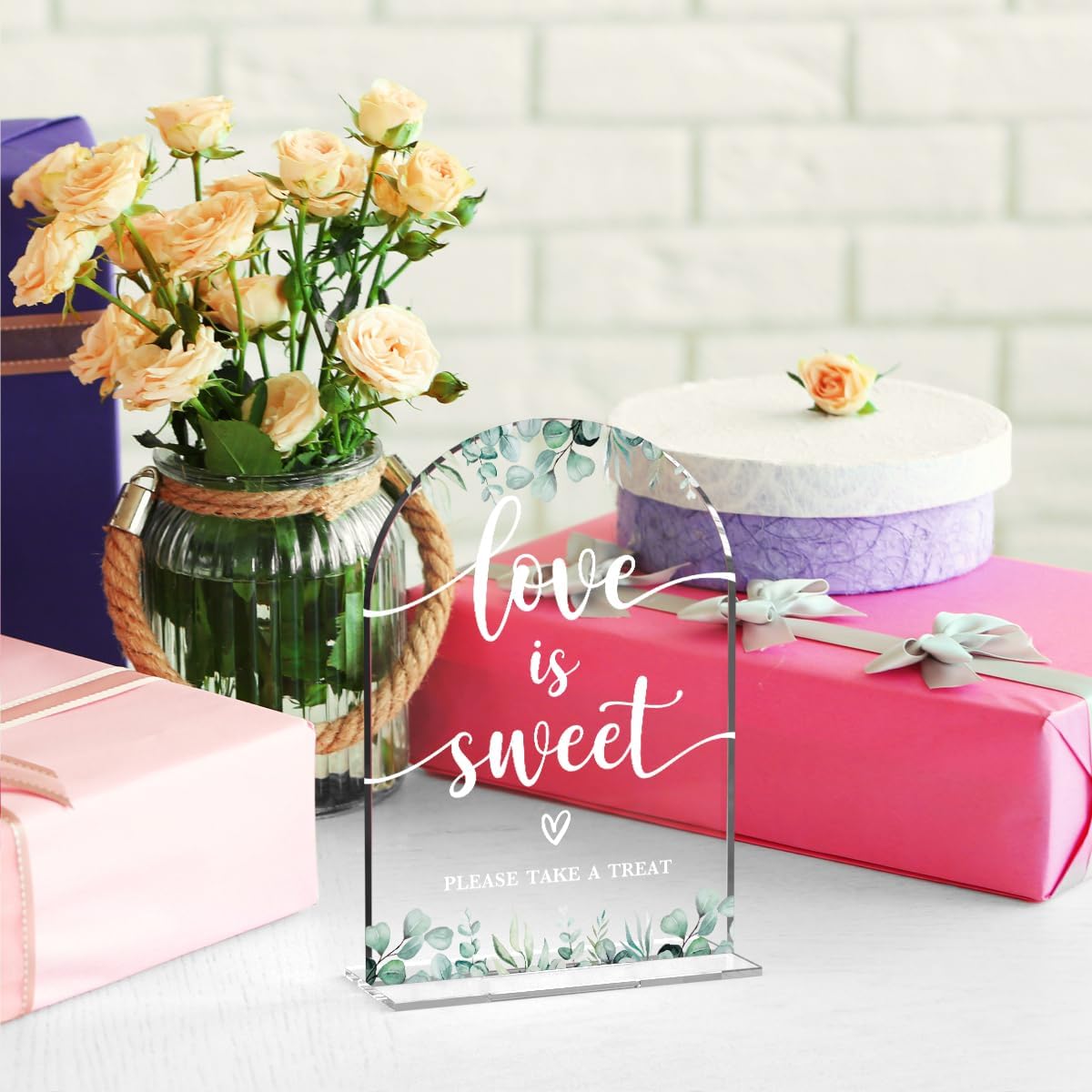 Acrylic Wedding Sign Love is Sweet Signs for Ceremony Modern Calligraphy Arch Acrylic Table Top Signs for Wedding Reception and Event Party Table Decor (Eucalyptus Leaves)