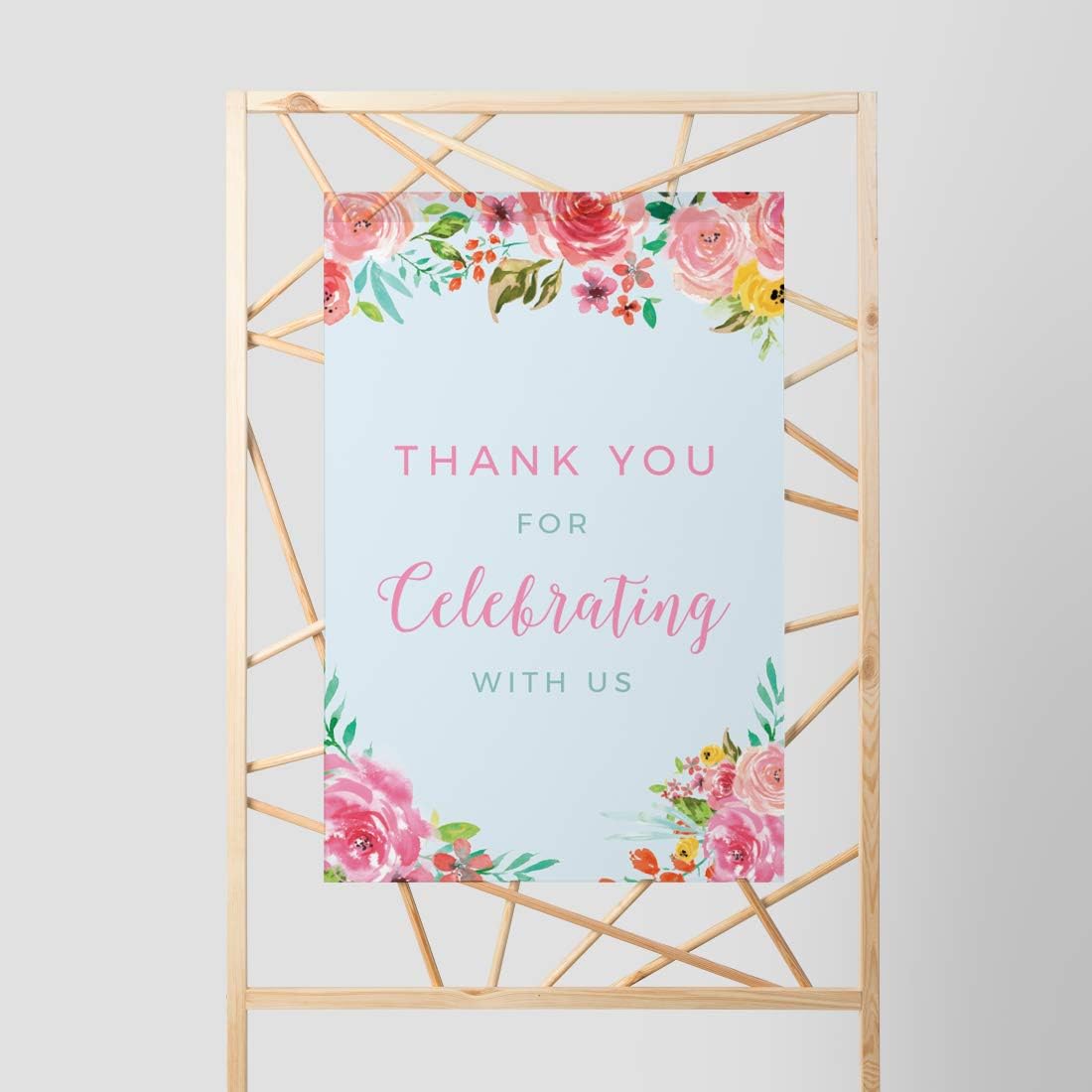 Andaz Press Extra Large Wedding Easel Board Party Sign, 12x18-inch, Tea Party Pink Roses on Baby Blue, Thank You for Celebrating With Us, 1-Pack