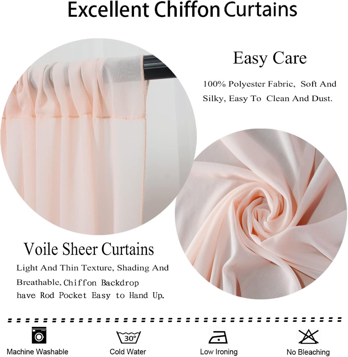 DUOBAO Chiffon Backdrop Curtains 2 Panels 8FT Voile Curtain Peach 58"x96"Baby Shower Background Wide 150cm x 240cm Length Sheer Drapes for Wedding Bedroom Window,Party Decor