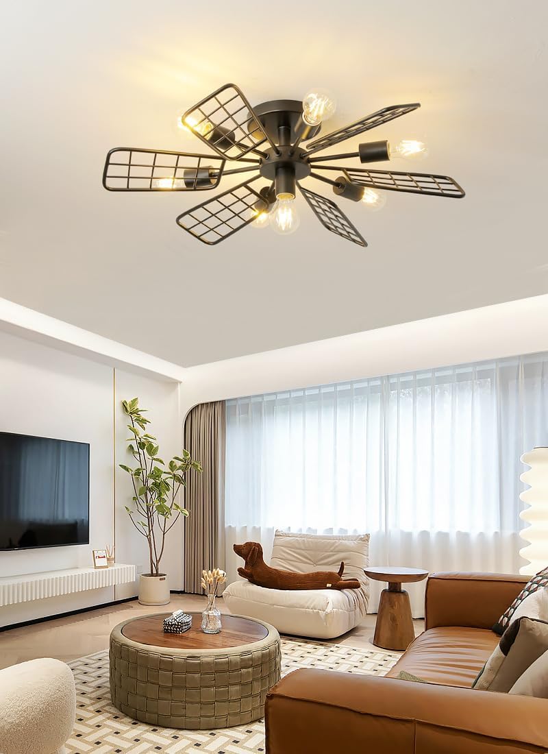 Modern Farmhouse Chandelier,28 Inch Black Metal Geometry Rustic Vintage Semi Flush Mounted Ceiling Light Fixture for Dining Room Bedroom Kitchen Island Hallway Foyer Entryway(7-Light)