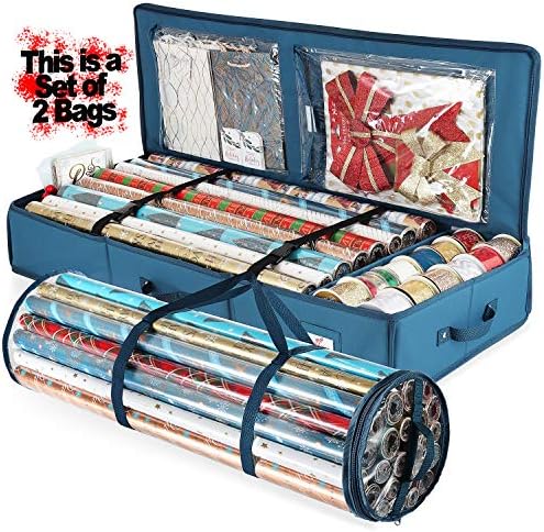Hearth & Harbor Wrapping Paper Storage Container and Clear Wrap Paper Holder - Christmas Storage Bag with Interior Pockets - Fits Up to 36 Rolls of 40" - Tear Proof, Blue by HearthHarbor