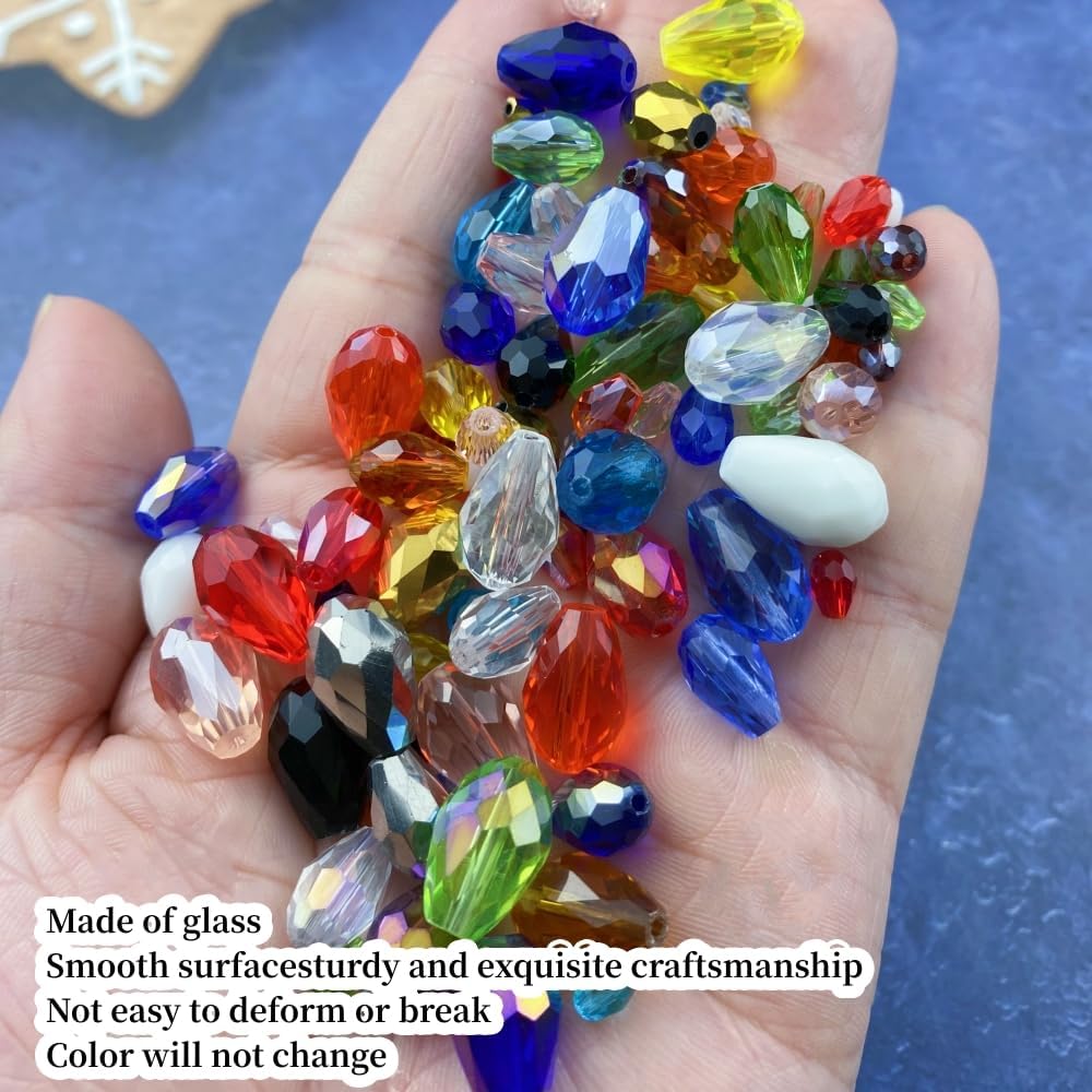 200pcs 4x6mm Teardrop Crystal Glass Beads Vertical Hole Faceted Glass Teardrop Spacer Beads for Bracelets Necklace Earring DIY Jewelry Making Craft(Lake Blue)