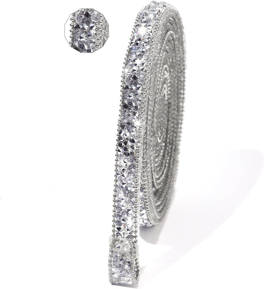 Rhinestone Ribbon 3 Yards Self Adhesive Rhinestone Strips Diamond Ribbon Sticker Crystal Roll Glitter Bling Rhinestones Tape for Crafting DIY Art Decoration (Silver,0.4 Inch)