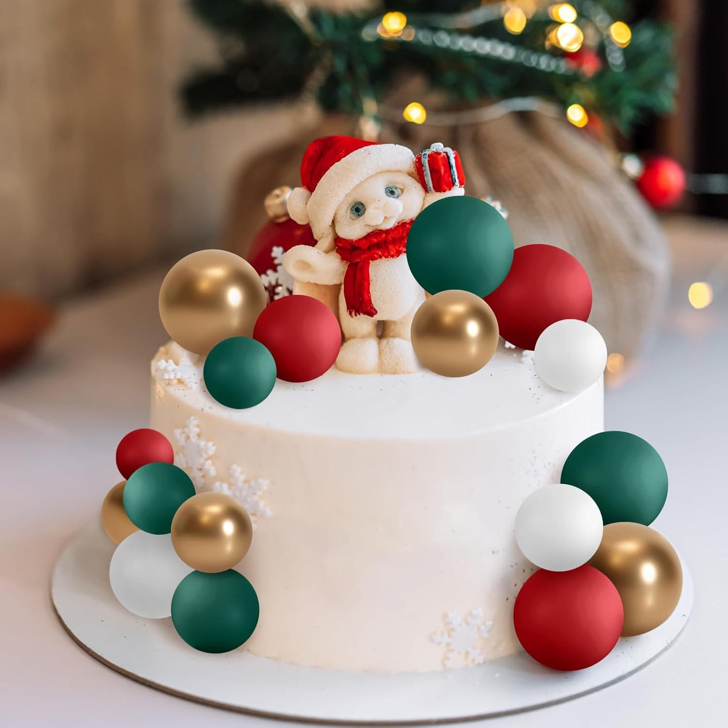 ASTARON 32 Pcs Ball Cake Topper Christmas Decorations Mini Balloons Sticks Foam Balls Cake Picks Cake Topper Balls Cake Decorations for Christmas Birthday Cake (Red Green Gold)