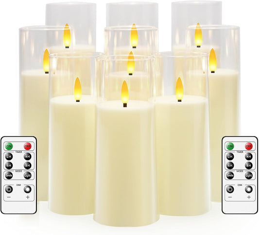 Flickering Flameless Candles Battery Operated with Remote and 2/4/6/8 H Timer Plexiglass Led Pillar Candles Pack of 9 (D2.3"xH 6"7"8")with Realistic Moving Wick Candles for Home Decor(Ivory)