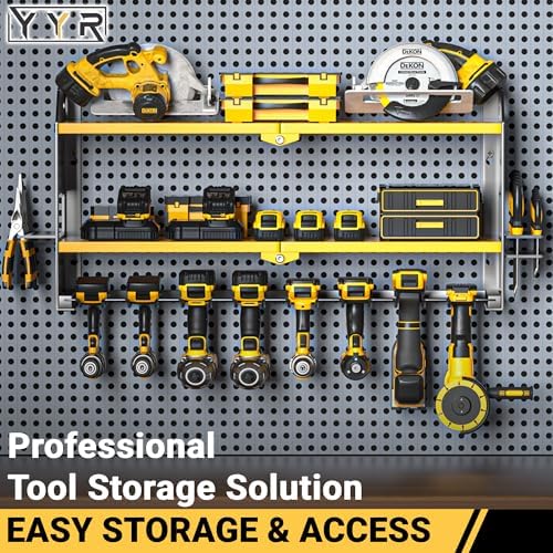 YYR Power Tool Organizer Wall Mount, Cordless Drill and Battery Holder, Electric Tools Hanger Storage Rack with Charging Station, Garage Organization Floating Shelf - Made of Heavy Duty Metal, Yellow - Image 3