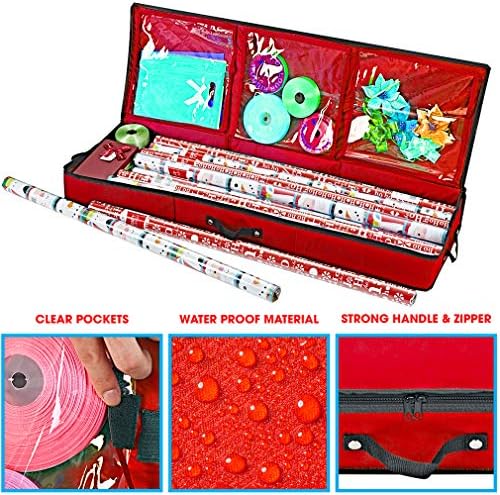 Primode Wrapping Paper Storage Container | Gift Wrap Organizer Under Bed | 41”x14”x6” | Fits 18-24 Rolls Up to 40” | 600D Oxford | Box Holder with Pockets for Ribbon, Bows and Accessories (Red) - Image 5