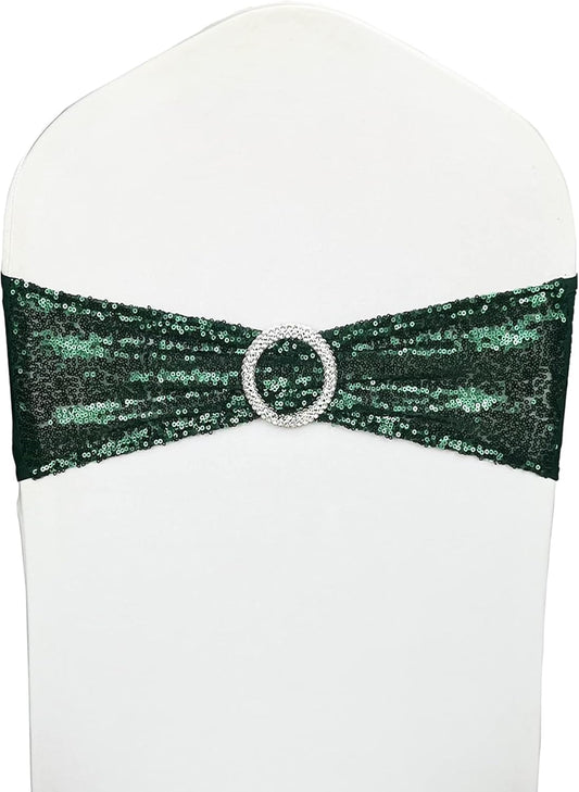 100 Pcs Chair Sashes Sequin Stretch Chair Bands Dark Green Spandex Polyester Bows for Party Hotel Wedding Banquets Decoration - Hunter Emerald Green