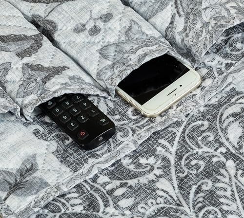 Brilliant Sunshine Grey Flowers Patchwork Couch Armrest Organizer, 35"×13" - Image 4