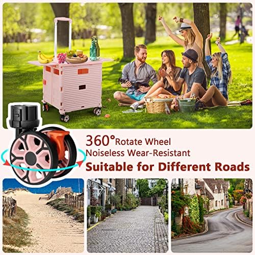 Foldable Utility Cart Collapsible Portable Crate Rolling Carts with Wheels Tote Basket with Magnetic Lid Telescopic Cover Wear-Resistant 360°Rotate Wheel Noiseless for Shopping Storage Office Use - Image 5