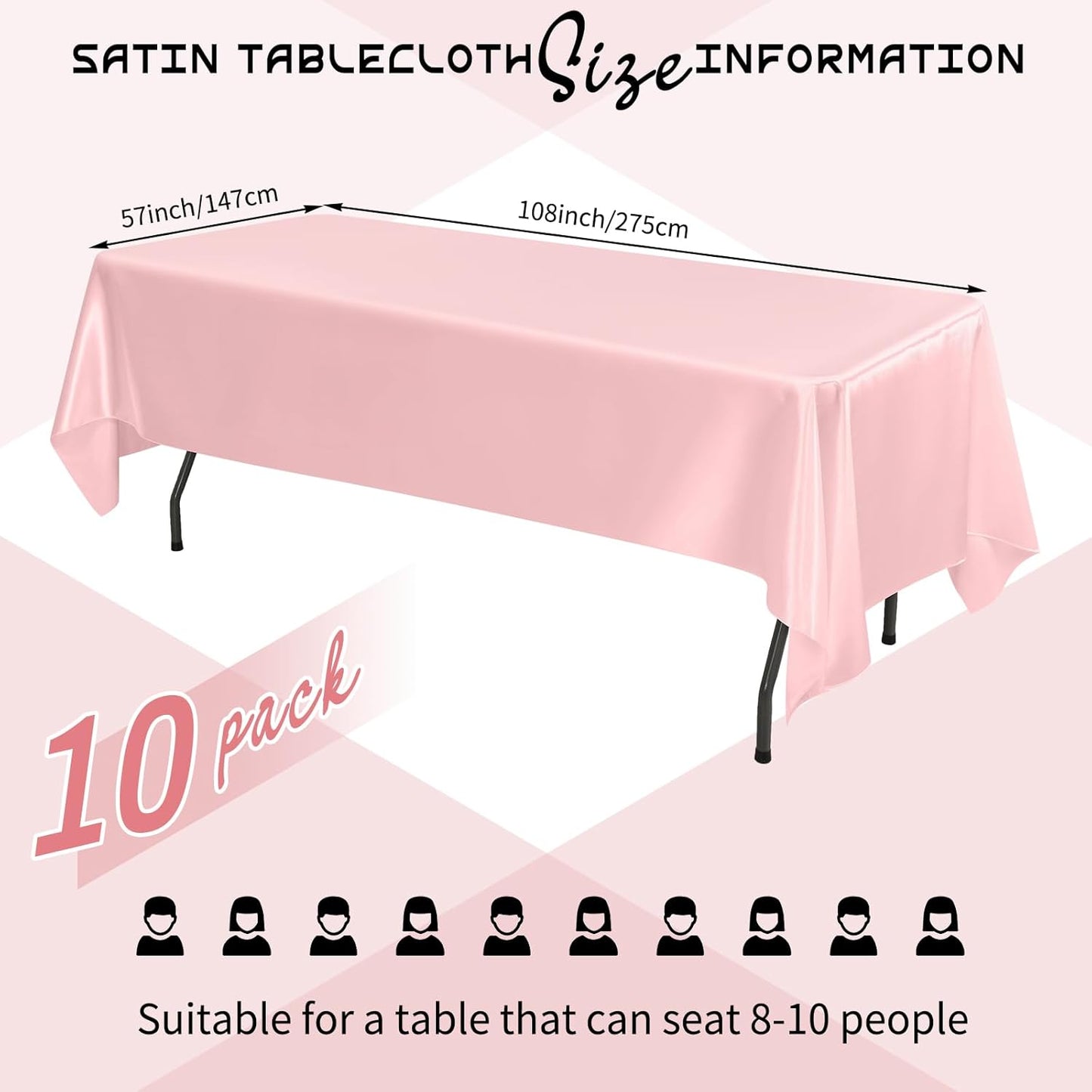 10 Packs Satin Tablecloth 57 x 108 Inch Rose Gold Rectangular Table Cloth Silk Tablecloth Smooth Fabric Overlay Satin Table Cover Decoration for Wedding Party Banquet Events