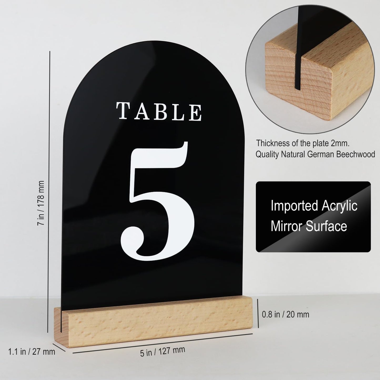 Wedding Table Numbers 1-10, Acrylic Arch Signs with Natural Wood Stands Holders, Rustic Table Decor for Reception & Parties (Black White)