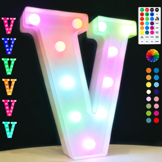 Light Up Colorful LED Marquee Letter lights, 18 Colors Changing Alphabet Letters Sign with Remote Timer for Night Light Girls Bedroom Wedding Birthday Party Lamp Christmas Home Bar Decor- Colorful V