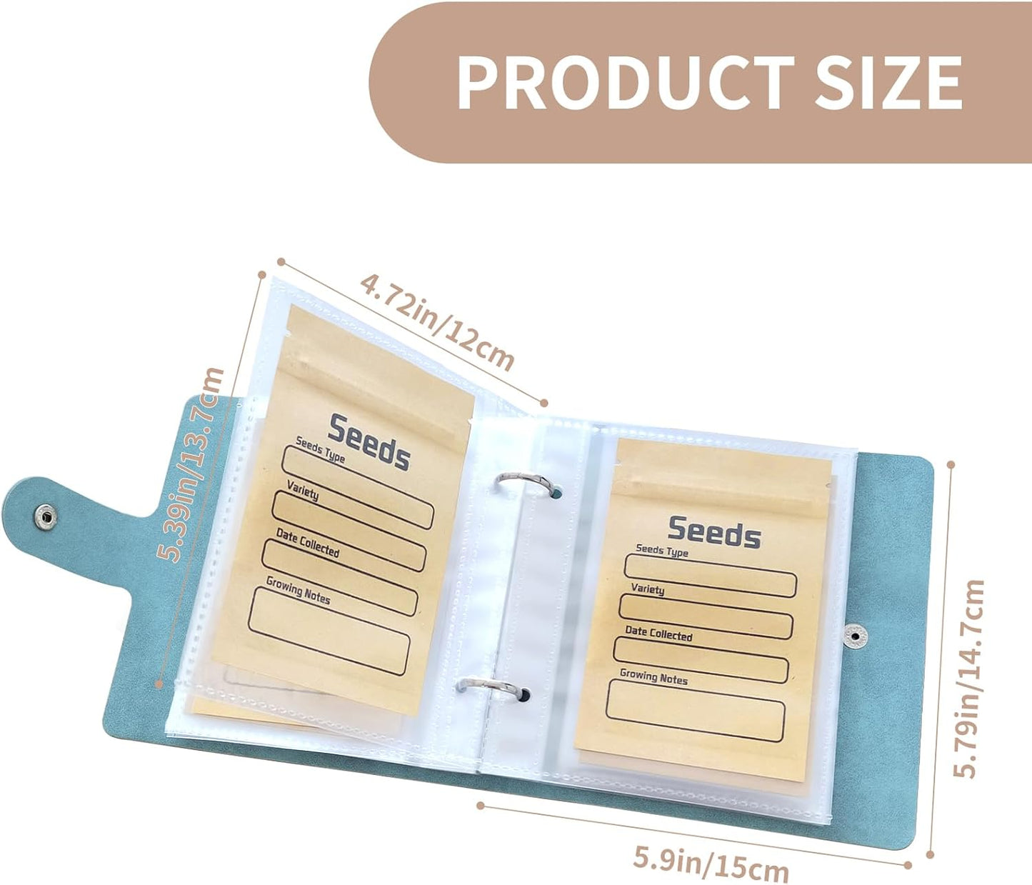 Seed Organizer Binder with 50 PCS Resealable Seed Envelopes - 50 Storage Pockets, 3.5x5 Inch Clear Sleeves, Seed Saver for Garden Lover - Cyan