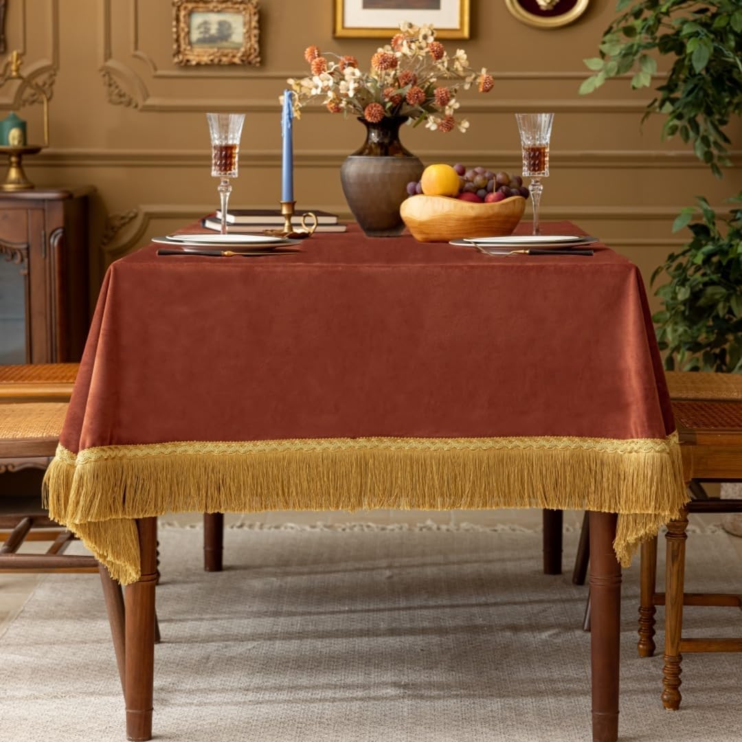 F-CHU Luxury Burnt Orange Tablecloth Thickset Velvet Tablecloth with Beautiful Gold Tassels Table Cloth for Home Decor Wedding, Party, Banquet and Events 60x86-Inch