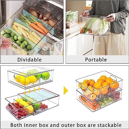 9 Pack Stackable Refrigerator Organizer Bins Pull-Out Drawers for Fruit and Veggies Storage Organizer for Fridge Clear Drawer Containers with Handle Divided Organization for Produce Saver - Image 4