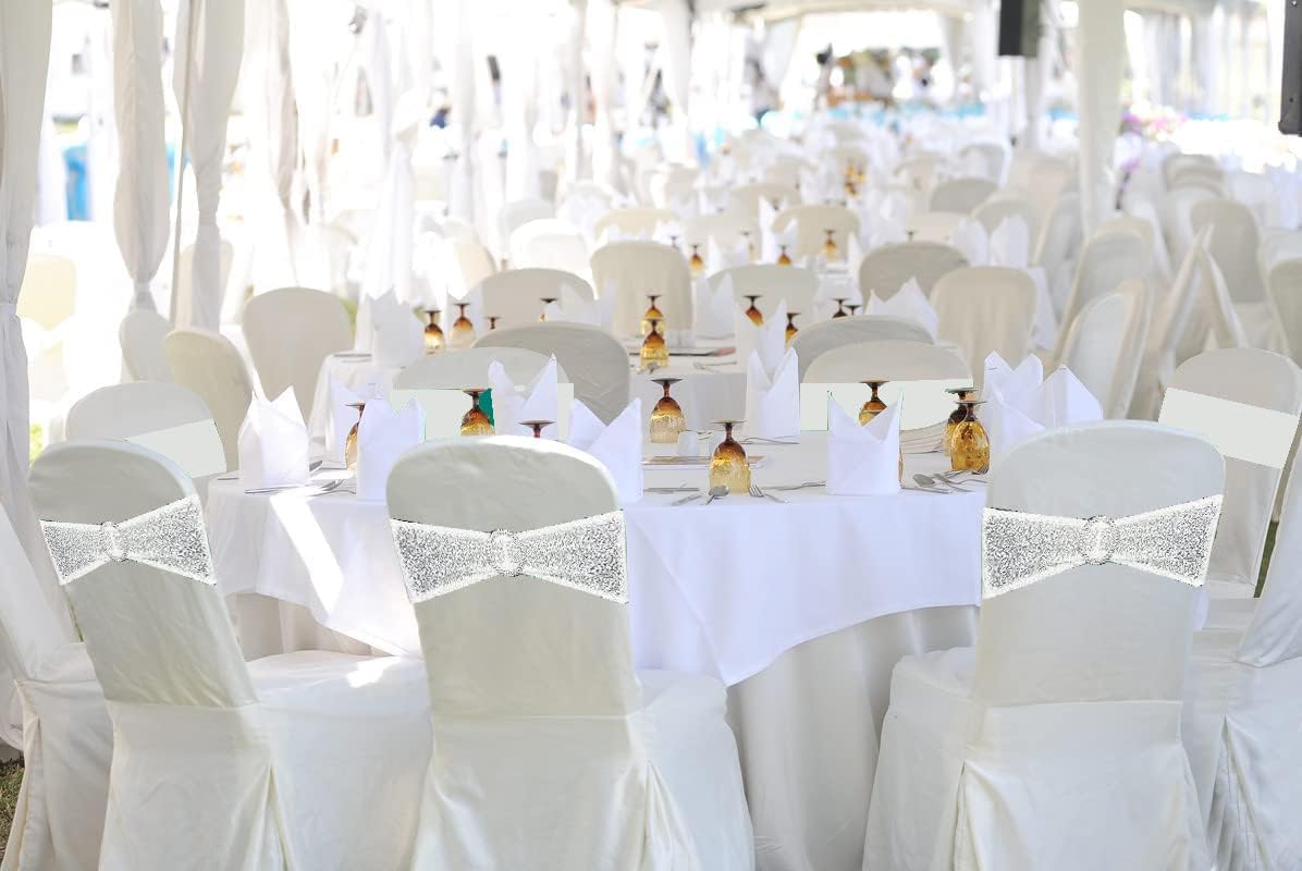 Sequin Chair Sashes Stretch Chair Bands Spandex Polyester Bows for Party Hotel Wedding Banquets Decoration - 6 Pcs White