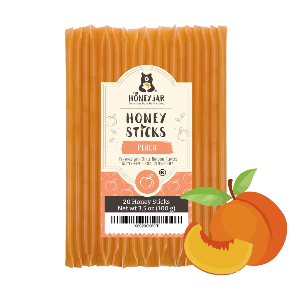 The Honey Jar Peach Flavored Honey Sticks - Pure Honey Straws For Tea, Coffee, or a Healthy Treat - One Teaspoon of Flavored Honey Per Stick - Made In The USA with Real Honey - (20 Count)