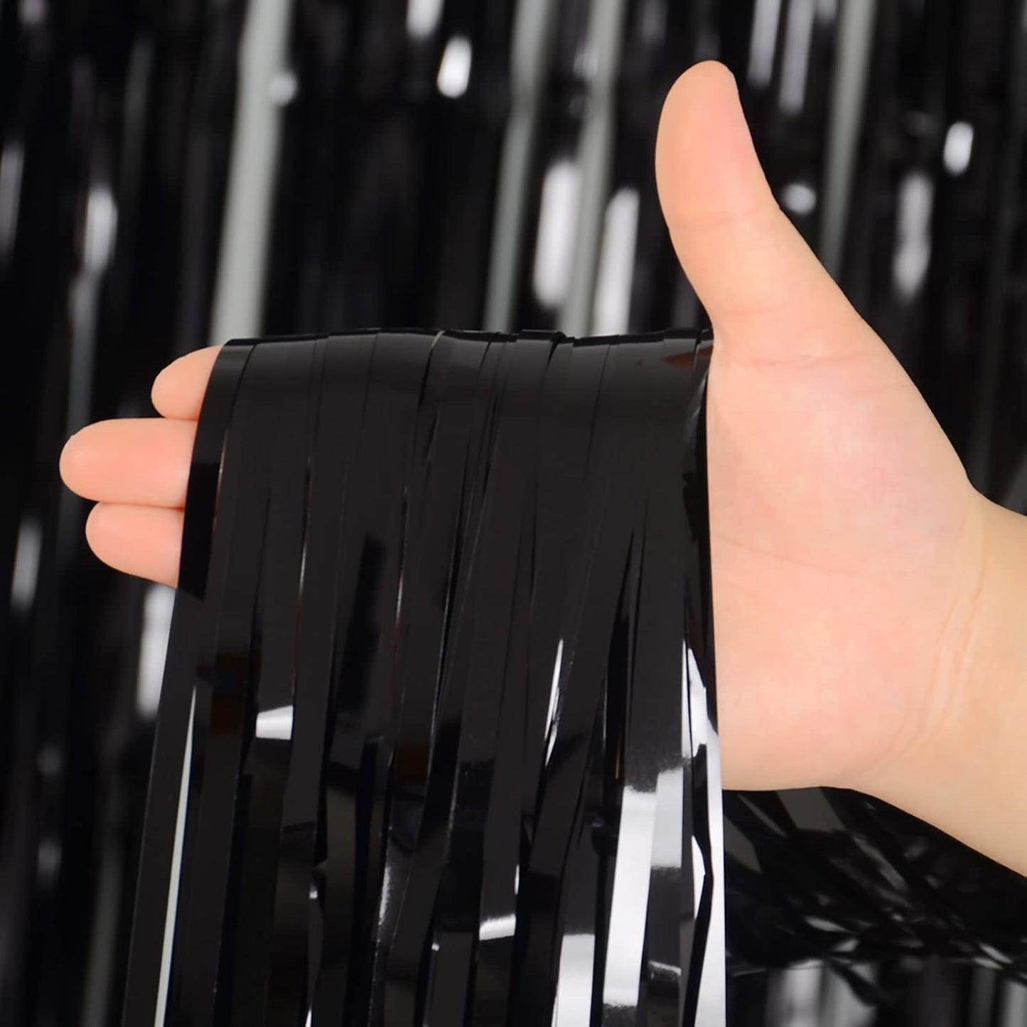 Halloween Party Decorations Indoor for Adults, Melsan 3.2 x 8 ft Black Streamer Tinsel Photo Backdrop for Birthday, Graduations, Fiesta, Halloween Decorations - Pack of 2