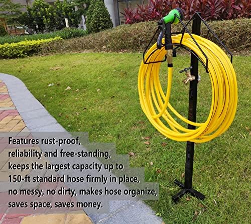 Artigarden Freestanding Outdoor Garden Hose Holder Stand with Brass Faucet, Heavy Duty Metal Water Hose Reel Storage Stake Rack for Backyard, Black (Hose not Included) - Image 6