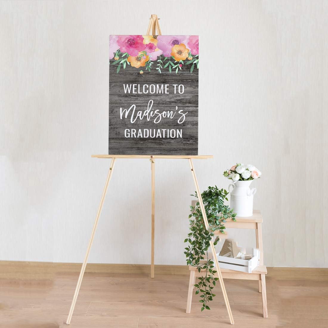 Andaz Press Personalized Extra Large Wedding Easel Board Party Sign, 12x18-inch, Pink Floral Flowers on Gray Rustic Wood, Your Text Here, 1-Pack, Custom