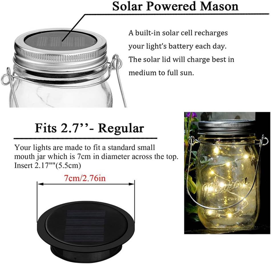 6 Pack Mason Jar Lights, 10 LED Solar Colorful Flicker Fairy String Lights Lids Insert for Garden Deck Patio Party Wedding Decorative Lighting Fit for Regular Mouth Jars