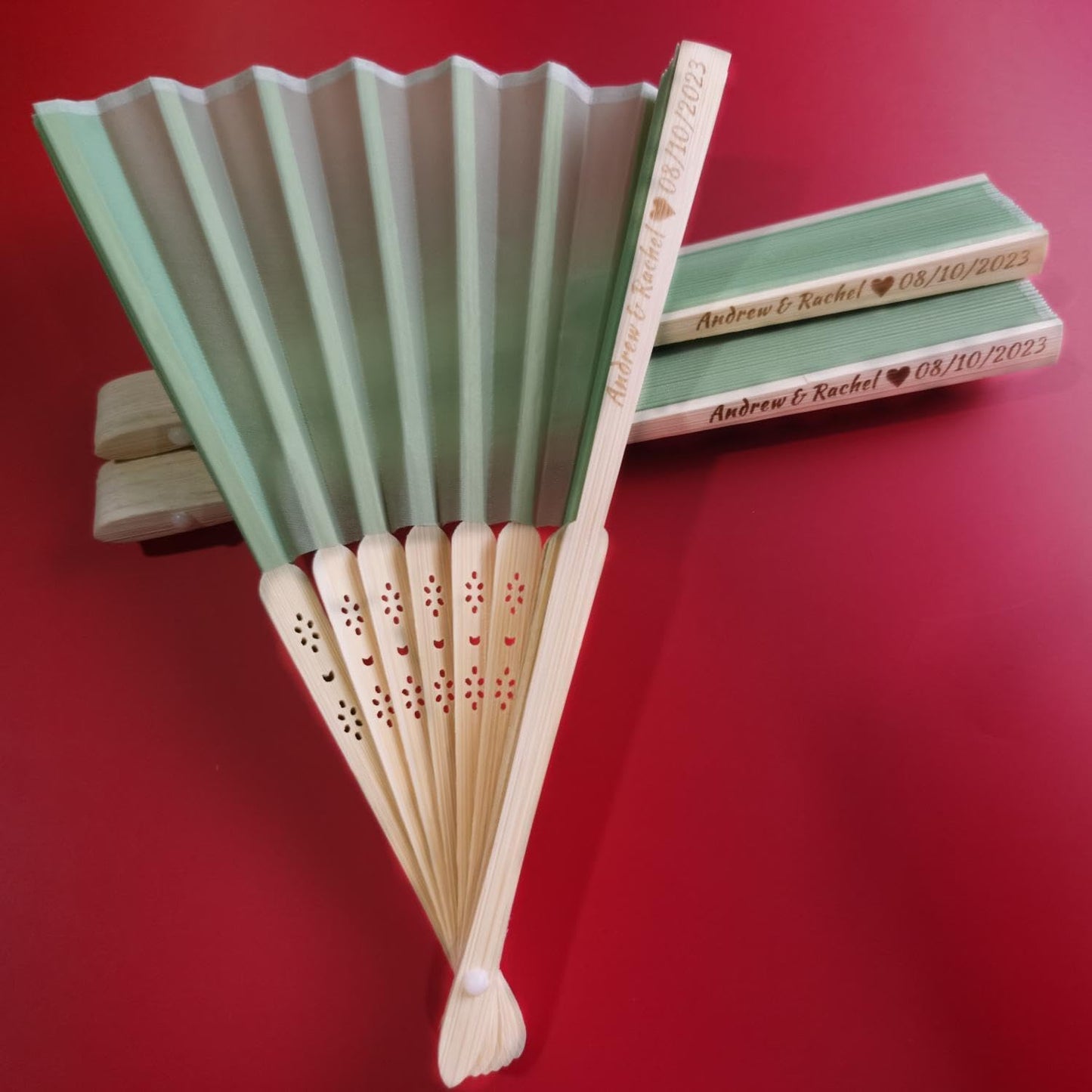 Personalized Wedding Fans Handheld Folding Fans (40Pcs) - Custom Engraved Green Silk Fans for Bridal Shower Favor/Baby Shower Favor, Birthdays Party Gifts/Gifts for Party Guests
