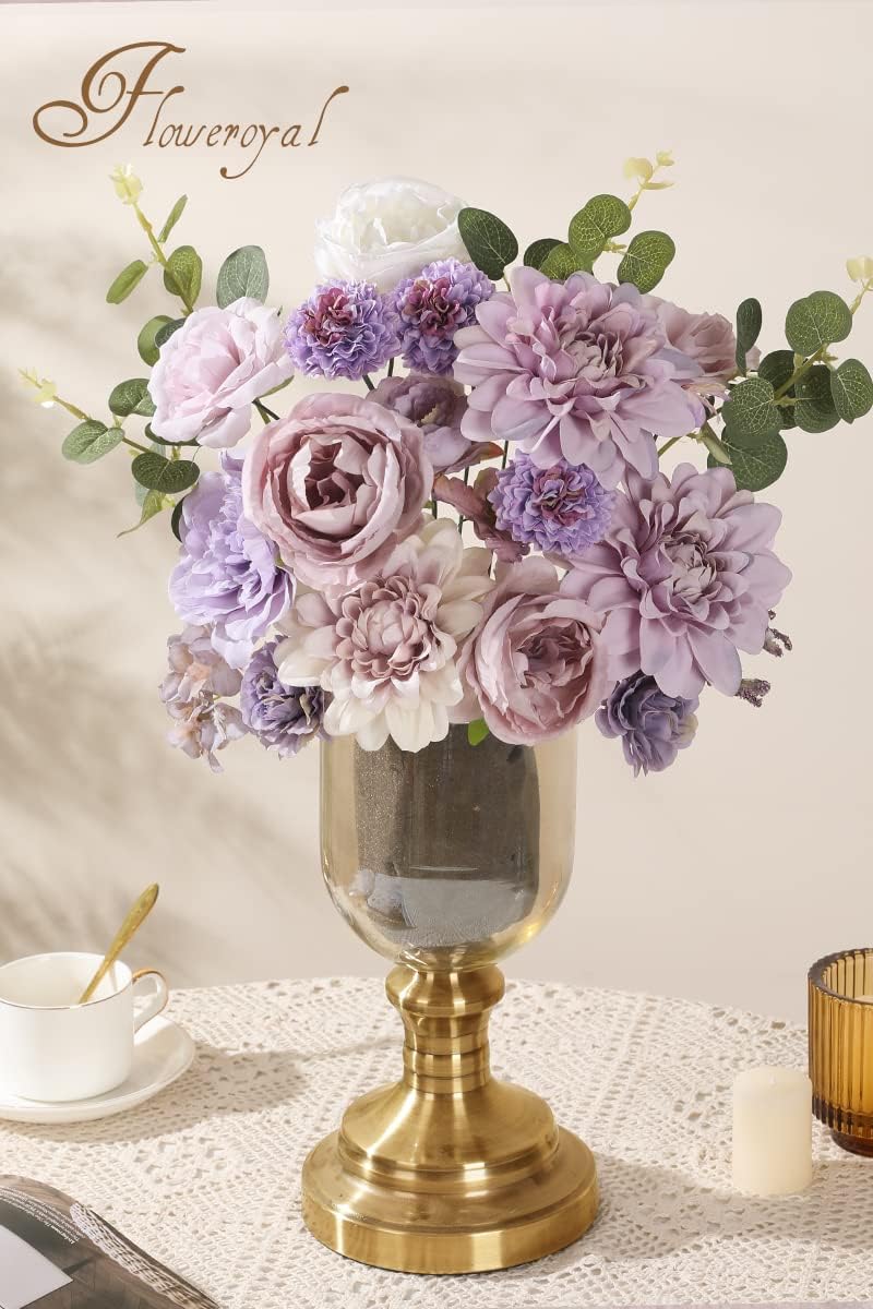 Floweroyal Artificial Flowers Combo Purple Flowers Mix Silk Flowers Dahlia Roses with Stems for DIY Wedding Bridal Bouquets, Baby Shower, Floral Arrangement, Table Centerpieces, Home Decorations.