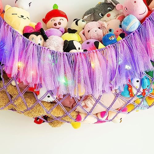 Large Stuffed Animal Net or Hammock with Led and Mesh Ribbon Wall Hanging Toy Net for Stuffed Animals Creative Stuff Animal Storage Ideas Macrame Toy Hammock Stuffed Animal Hammock-Purple - Image 2