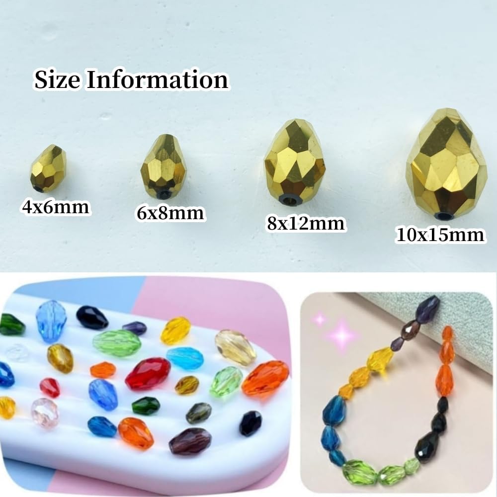 200pcs 4x6mm Teardrop Crystal Glass Beads Vertical Hole Faceted Glass Teardrop Spacer Beads for Bracelets Necklace Earring DIY Jewelry Making Craft(Gold)