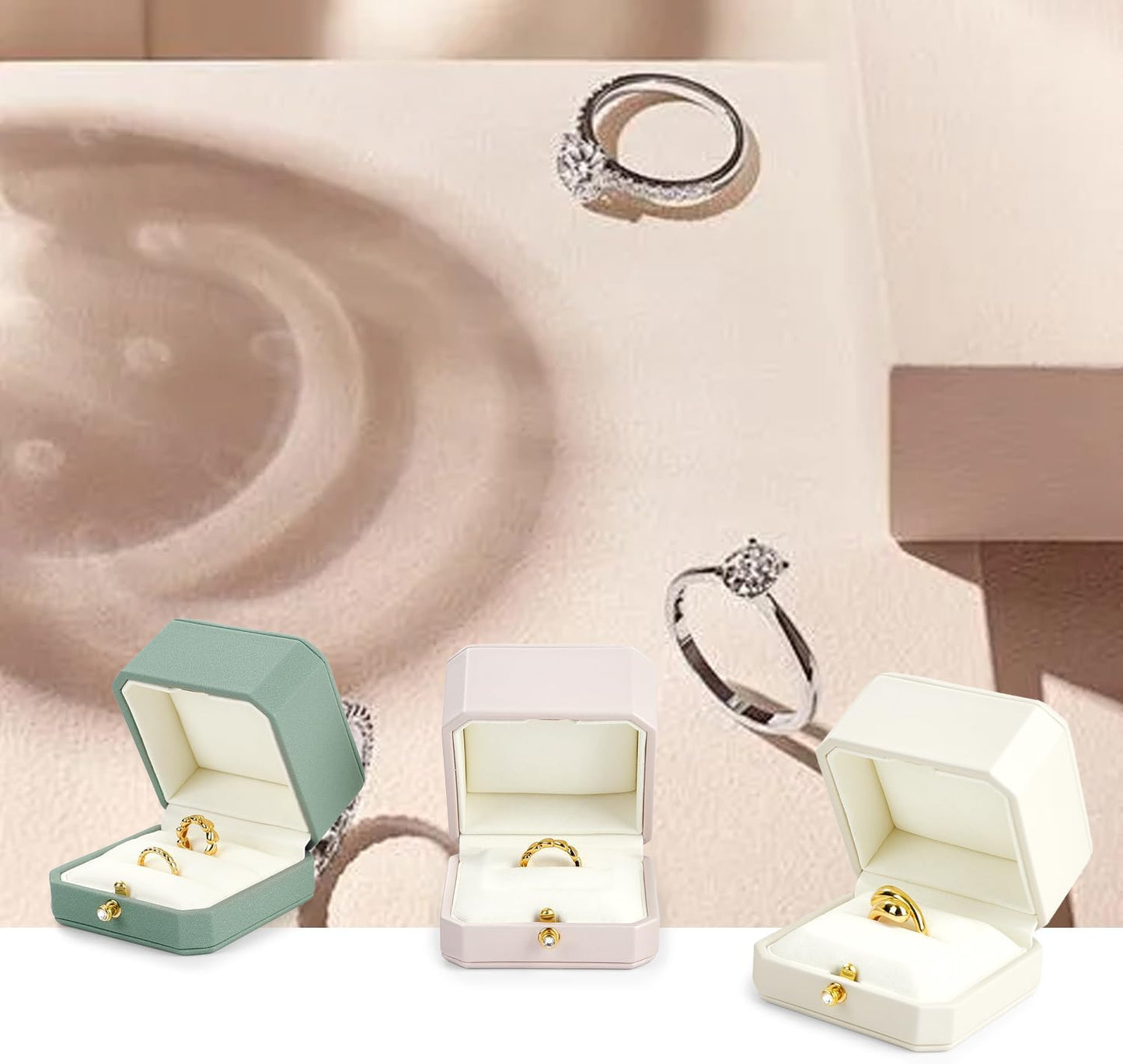 Oirlv Premium Leather Double Ring Box for Wedding Ceremony Engagement Ring Bearer Couple Jewelry Gift Box(White,Double)
