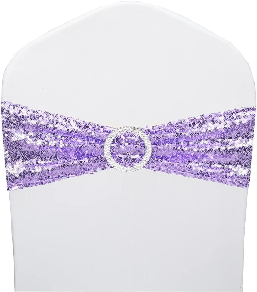 50 Pcs Sequin Chair Sashes Stretch Chair Bands Spandex Polyester Bows for Party Hotel Wedding Banquets Decoration - Lavender