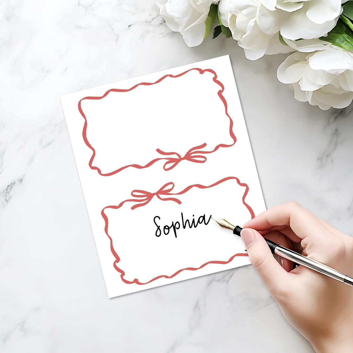 25 Pack Red Bow Wave Place Cards, Editable Name Cards for Table Setting, Tent Cards Food Label for Dinner Party, Bridal Shower, Wedding, Baby Shower and Events -T13