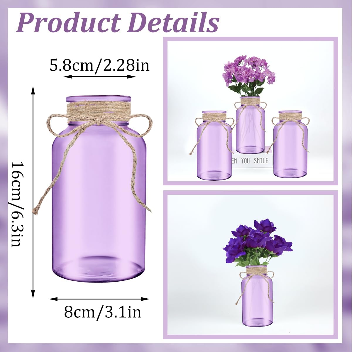 Vintage Glass Flower Vase，6 Pack Farmhouse Purple Glass Centerpiece Vases Mason Jars for Weddings, Parties & Home Decor Bulk (6, Purple)