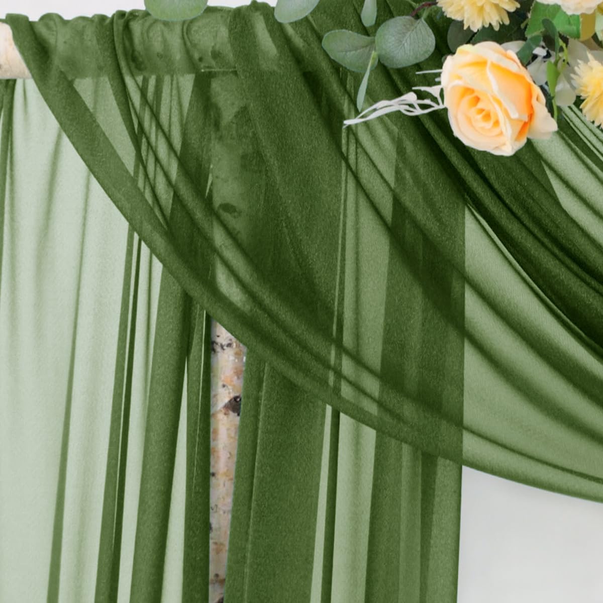 Socomi Olive Green Wedding Arch Draping Fabric 29" x 20Ft 1 Panel Sheer Outdoor Curtain Drapes Extra Long for Bridal Baby Shower Ceremony Birthday Party Decor