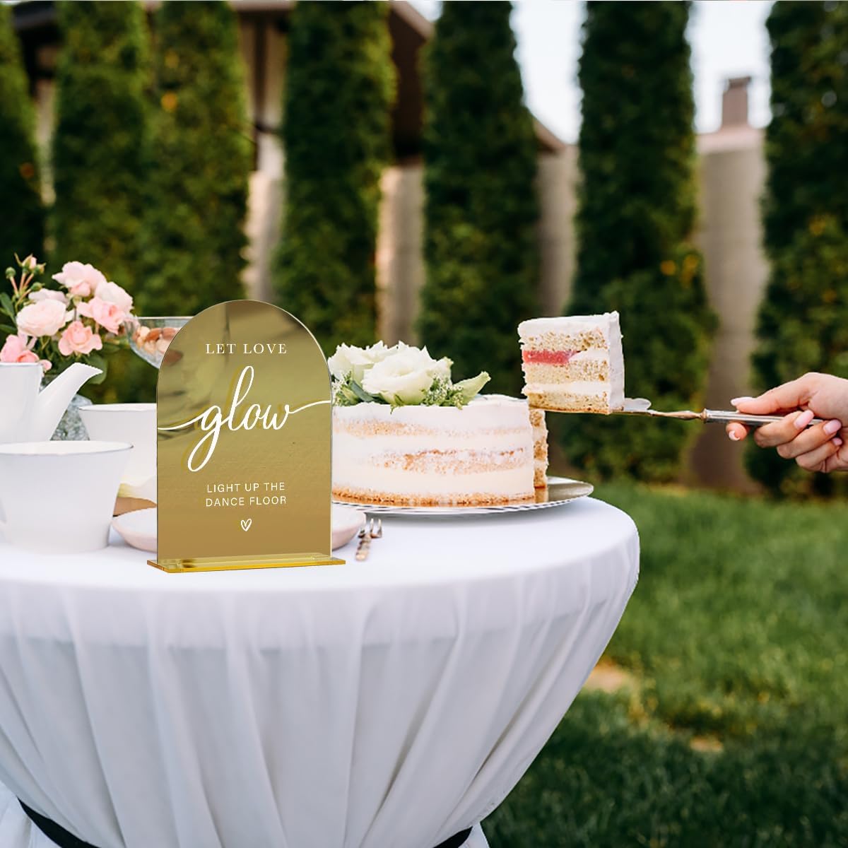 Acrylic Wedding Sign, Bridal Shower Decorations, Let Love Glow Sign for Ceremony, Modern Font Table Signs, Gold Mirror Arched Acrylic Tabletop Signs for Wedding Reception and Event Party